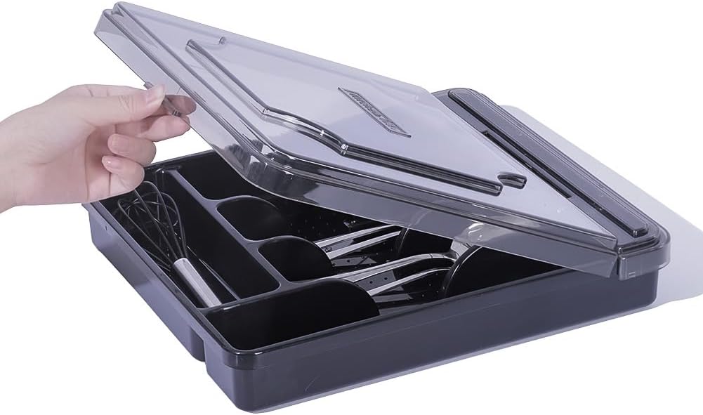 Silverware Organizer With Lid, Utensil Drawer Organizer. Removable Lid, 5 Slots Total Caddy for Flatware Cutlery Knives, Forks, Spoons.Black.