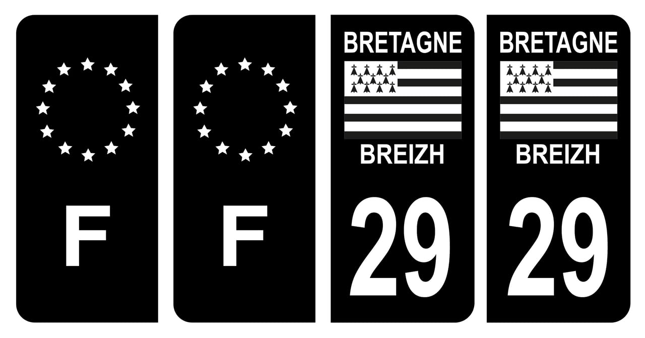 HADEXIA Lot 4 Autocollants Plaque immatriculation département 29 Finistère Région Bretagne Noir & F France Europe