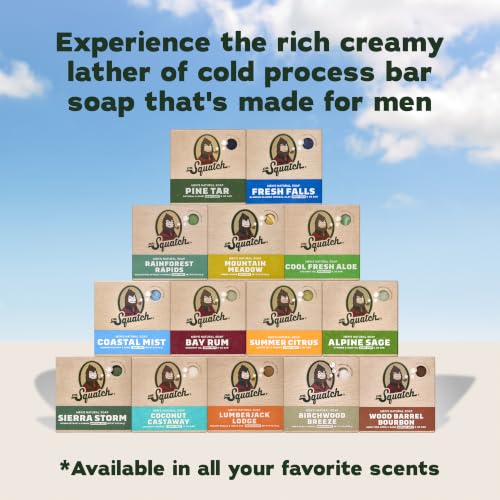 Image of Dr. Squatch Natural Men's Bar Soap - Cold Process Body Soap Bar with Natural Oils - Gifts for Men - Deep Sea Goat's Milk, Wood Barrel Bourbon, Rainforest Rapids, Alpine Sage & Bay Rum (5 oz, 5-Pack)