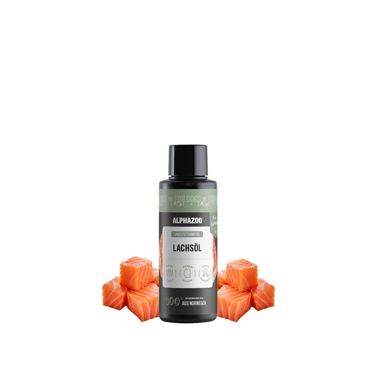 alphazoo Olej z łososia premium dla psów 100 ml, Omega 3 i 6 olej rybny dla psów – napełniony w Niemczech, olejek barf, pielęgnacja sierści psa