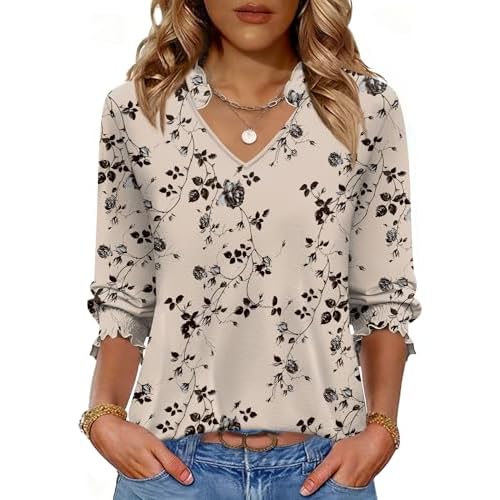 Kistore Tops for Women Dressy Casual 3/4 Length Sleeve Blouses with Pleated Cuffs 2026 Trendy Shirts A2 Apricot Black Floral XX-Large