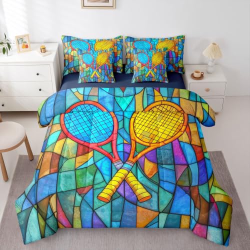 Castle Fairy Classic Tennis 7 Piece Comforter Sets Full Size for Kid Boys Teens,Crossed Racket Bed in A Bag with Sheets Colorful Patchwork Bedding Set Geometric Line Art Bedroom Decor
