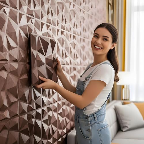 Image of Kayra Decor 3D Wall Panel PVC Diamond Design, Red Copper Rust Color 19.7 inch X 19.7 inch (Pack of 12) - Covers 32.28 Sq. Ft.