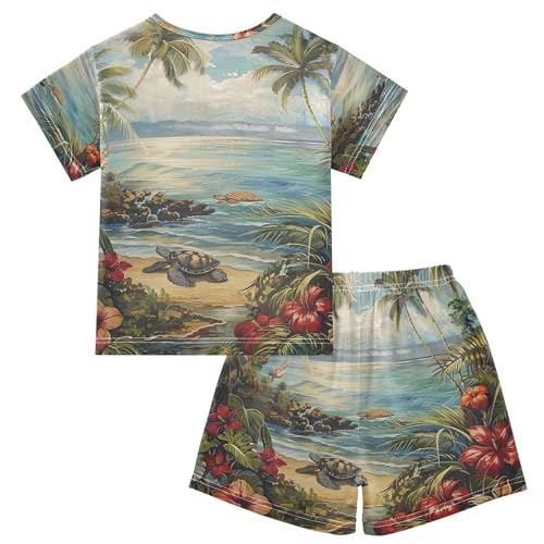 ALAZA Hawaian Palm Trees Flowers Turtles Pajama Set Short Sleeve Sleepwear Soft Lounge Nightwear2