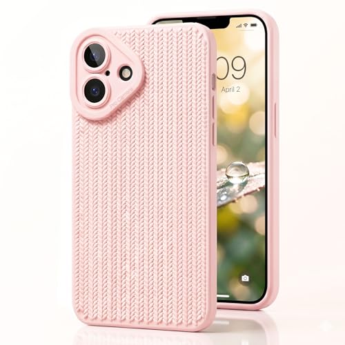 Image of amazon basics Luxury 3D Knitted Texture Soft Silicone Back Cover for iPhone 16 | Slim Fit Shockproof Case with Camera Protection & Non-Slip Grip - Pink