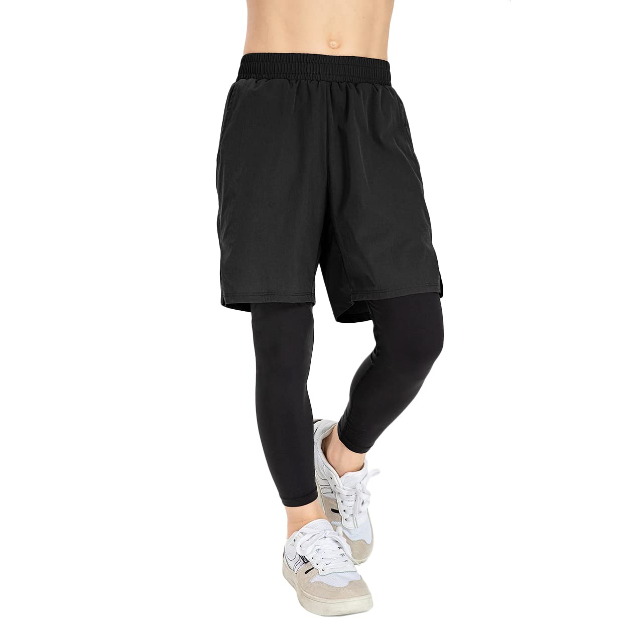 Kinder Sport Shorts Legging 2 in 1 Kompressionshose Laufshorts Leicht Kurz Sporthose Schnelltrocknende Trainingsshorts Atmungsaktiv Running Fitnesshose mit Tasche Basketballhose
