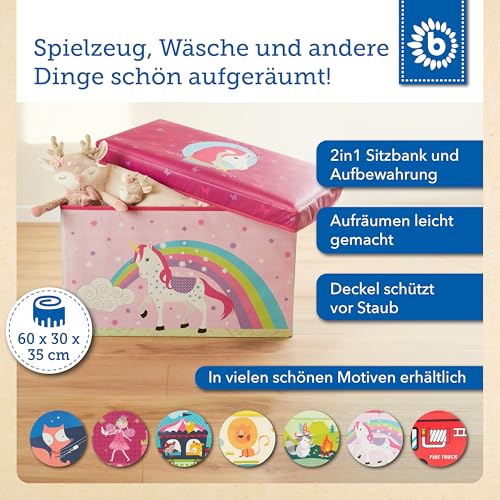 Bieco Aufbewahrungsbox mit Deckel | Einhorn 60L, faltbar | ca. 60x30x35cm | Spielzeugkiste mit Deckel | Aufbewahrungsbox Kinder | Kisten mit Deckel | Aufbewahrungsbox Groß | Wickeltisch Organizer