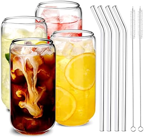 Drinking Glasses with Glass Straw 4pcs Set - 16oz Can Shaped Glass Cups, Iced Coffee Glasses, Beer Glasses, Cute Reusable Bottle, Ideal for Whiskey, Cocktail, Tea, Water, Gift - 2 Cleaning Brushes