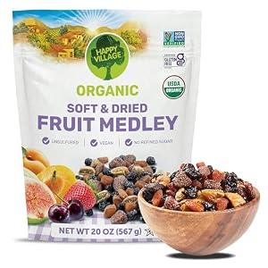 Happy Village Organic Dried Fruit Mix – Apricots, Figs, Strawberries & Tart Cherries, 20 OZ – Kosher, Non-GMO, No Refined Sugar, Vegan, Unsulfured Dried Fruit Medley