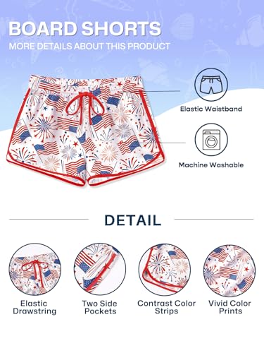 Image of BesserBay Girls 4th of July Elastic Waist Beach Swim Shorts American Flag Trunks with Pockets 5-14 Years