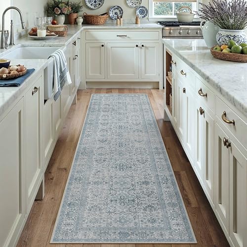 PureCozy Blue Runner Rug 2x8 Hallway Washable Carpet Soft Vintage Indoor Kitchen Non Slip Bedroom Traditional Retro Distressed Thicker Throw Long Rug Bathroom Laundry Entryway Office Dining