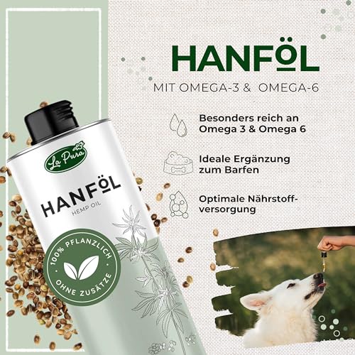 LaPura Hanföl für Hunde & Katzen – für glänzendes Fell & Haut, unterstützt das Immunsystem, Nerven & Verdauung, mit Omega 3 & 6, Vitamin E, kaltgepresst, Barföl 1 L