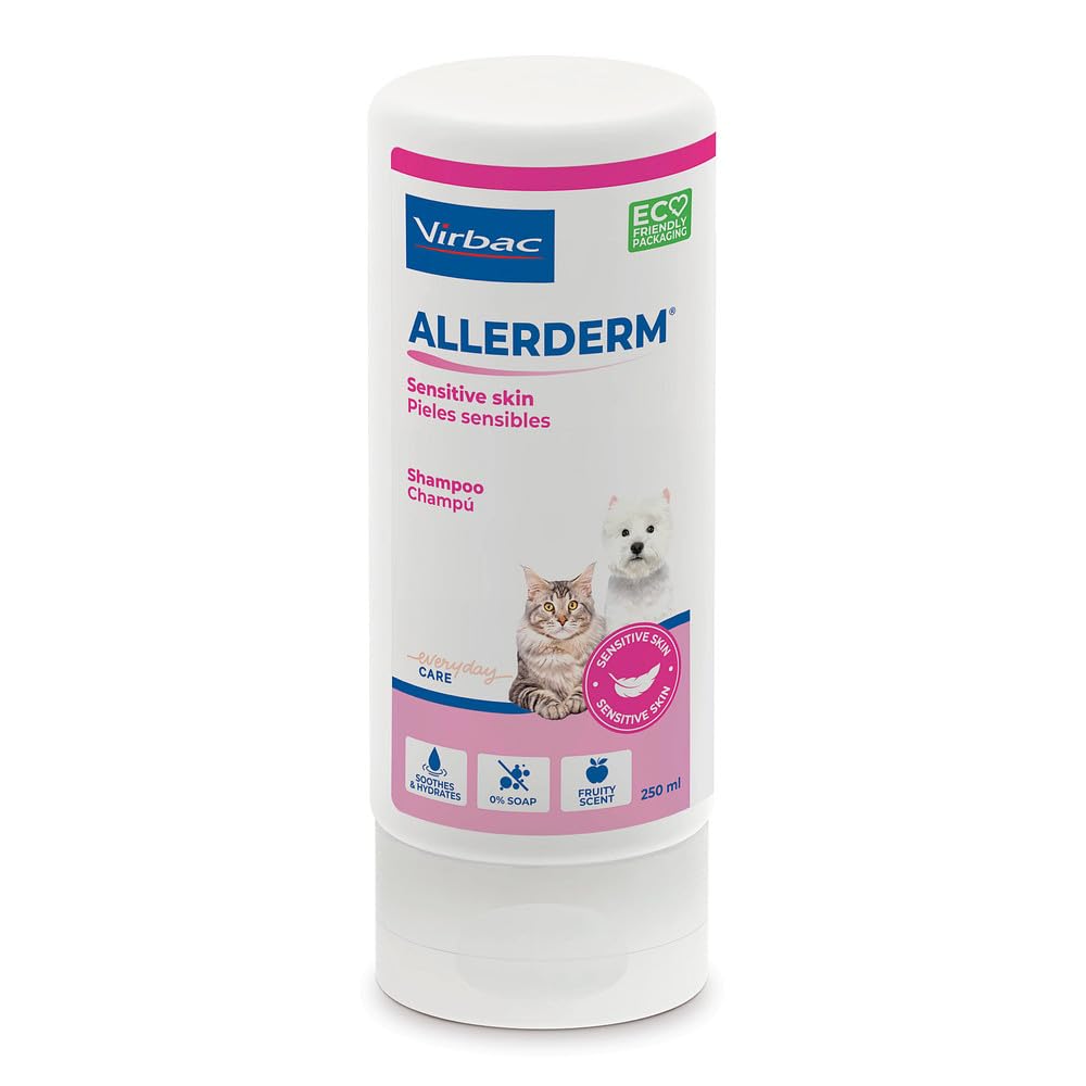 Allerderm Shampoo Dogs & Cats with Sensitive Skin. Calms & Moisturises - Soap-free - Apple-scented. 250ml Bottle