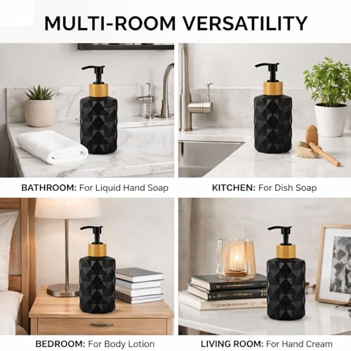 Image of Luxe Home International Faceted Pattern Glass Soap Dispenser for Bathroom and Kitchen Sink Leak Proof Liquid Hand Wash Round Bottle Lightweight Matte Finish (17.5x7.5 cm Black) Pack of 1