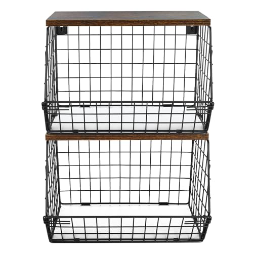 HUOLE Cesta para frutas y verduras, 2 pisos, apilable y montada en la pared, con tapa de madera, para almacenamiento de frutas, verduras y artículos de aseo, 30x15,5x21,6 cm