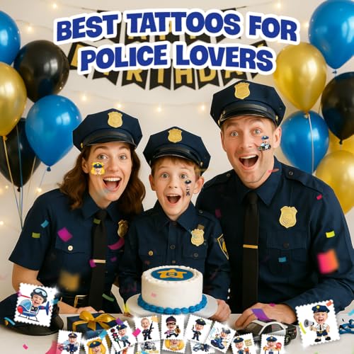 Image of Custom Police Temporary Tattoos for Kids | Personalized Pre-Cut Face Photo, Birthday Party Favors for Boys, Police Lovers, Set of 20