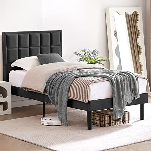 Flolinda Twin Bed Frames Velvet Upholstered Twin Platform Bed Frame Tufted Twin Bed With Headboard No Box Spring Needed Mattress Foundation Stable Noise-Free Easy Assembly #TOP2