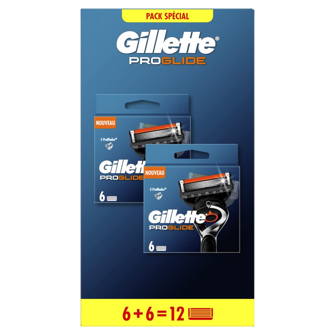 Gillette ProGlide Recharges de Lames de Rasoir pour Homme, Pack de 12 Recharges de Lames, 6 + 6 Lames, Rasage Confortable et Précis