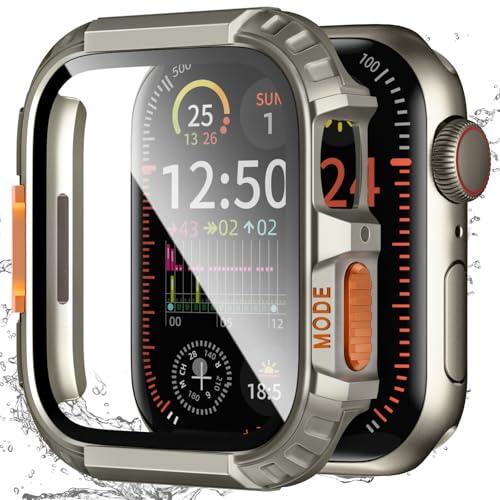 Zumyzu アップルウォッチ 防水 カバー 45mm 対応 Apple Watch ケース Series 9 8 7 保護ガラス+ケース 一体型 画面保護 耐衝撃 タフ・アーマー iWatch 45 mm(チタン)