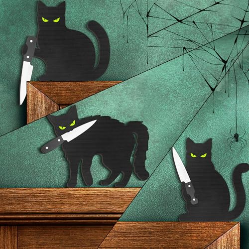 Dripykiaa Scary Black Cat Halloween Wall Decor, 3PCS Wooden Creepy Cat Decorations, Wall Art for Door, Window, Shelf, Bathroom, Living Room Halloween Decorations