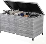 CASARIA® 270 Litre Polyrattan Garden Storage Box with Wheels | Waterproof UV Resistant | Inner Lining | 117x53x60cm Patio Furniture Cushion Chest with Gas Pressure Lift Lid | Grey