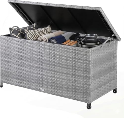 CASARIA® 270 Litre Rattan Garden Storage Box | Storage Boxes with Lids & Wheels | Waterproof UV Resistant | Inner Lining | 117x53x60cm Patio Furniture Cushion Storage Chest with Gas Lift Lid | Grey