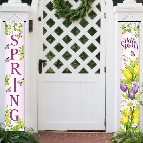 Image of Nuxovilar Hello Spring Tulip Daisy Porch Banners 12x70 Inches Polyester | Spring Porch Sign, Hanging Decor Colorful welcome Banner, Floral Tulip Accent Garden, Yard, Home (Hello Spring)