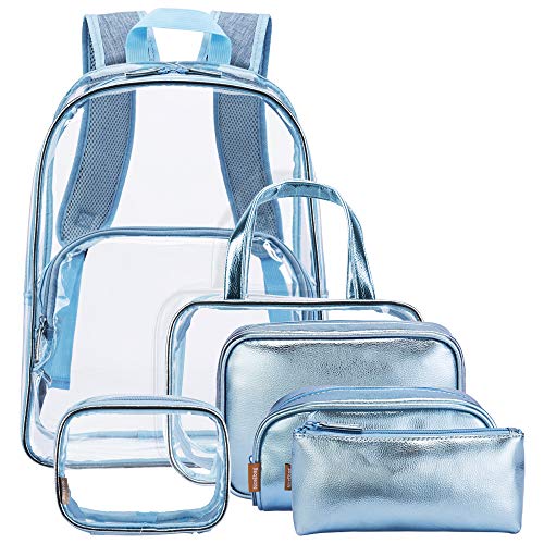 NiceEbag 6 in 1 Clear Backpack for Women with Cosmetic Makeup Bags Set College School Bag for Student Cute Bookbag for Kids Girls Boys Transparent PVC Daypack for Travel Work Gym Hiking,Blue