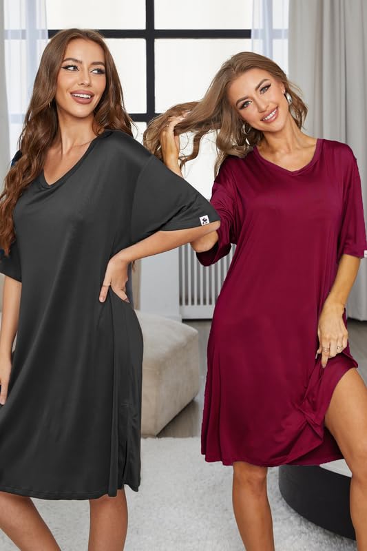Image of ft FENTENG 2-Pack Women's Nightgowns Short Sleeve Nightshirt V Neck Soft Sleepwear Casual Sleepshirts Loose Pajama Dress
