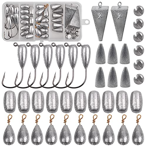 Fishing Weights Sinkers Kit, 60Pcs/Box Pyramid Sinkers Saltwater Fishing Weights Assorted Egg Sinker Weights Fishing Jig Head Hooks for Worm Bass