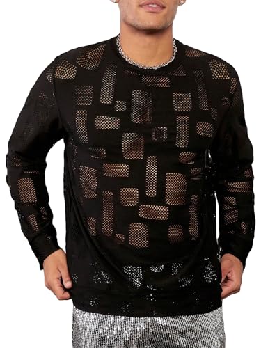 WDIRARA Men's Hollow Out Mesh Long Sleeve Round Neck Pullover Sheer Sweatshirt Tops
