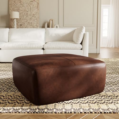 Image of Poly & BARK Sequoia Ottoman - 35 inch Square Pouf with Feather-Down Topper - Full-Grain Leather Upholstered Pouf Ottoman for Living Room - Vintage Italian Leather in Chocolate Brown