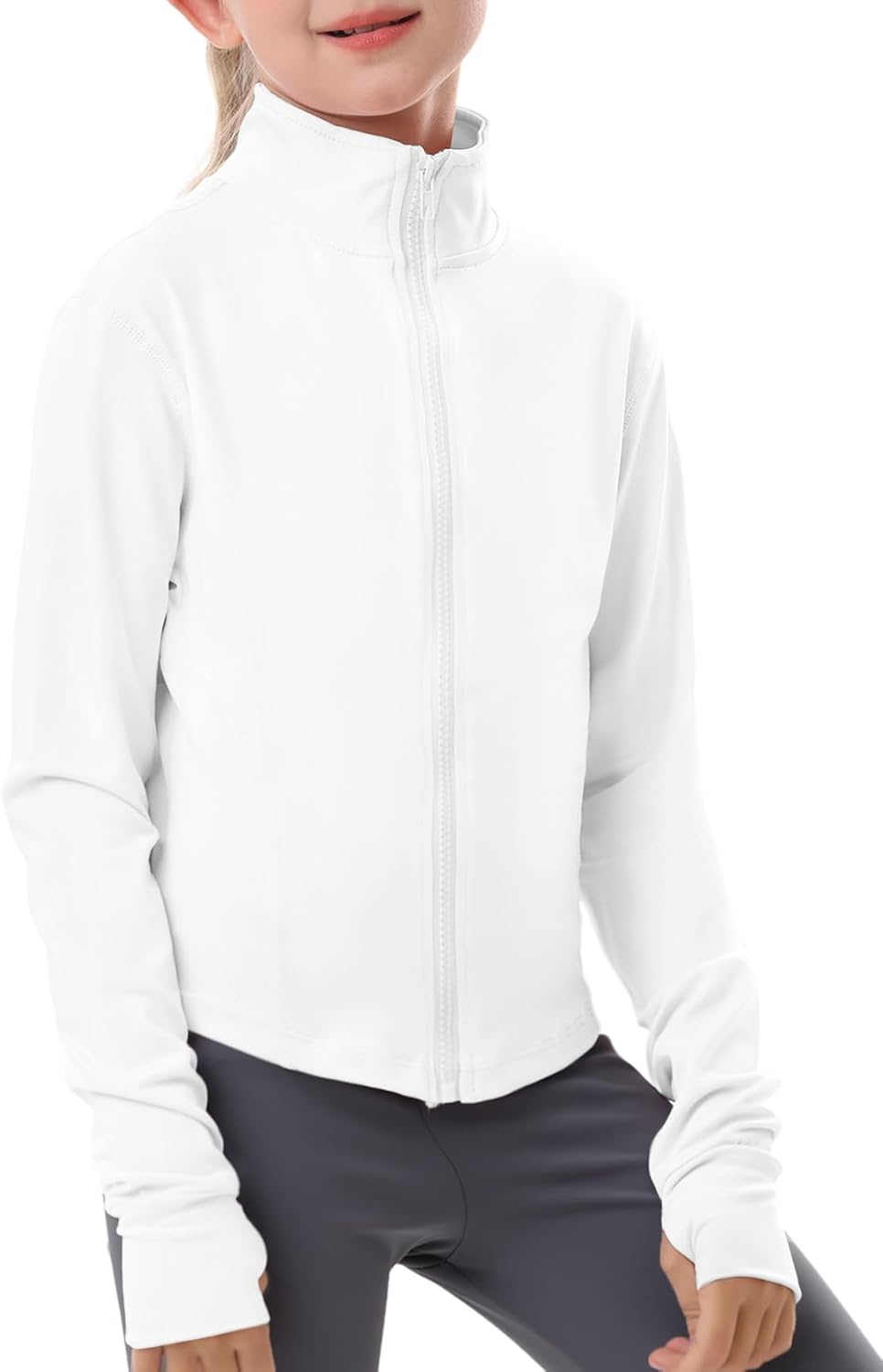 Gihuo Girls Zip Up Workout Jacket Lightweight Athletic Horse Riding Jackets Cropped Gym Yoga Track Shirts with Thumb Holes