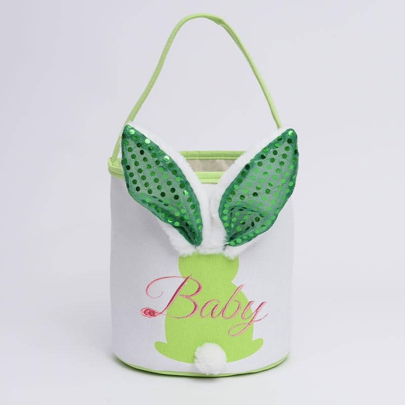 Amidaky Personalized Easter Bunny Baskets Bulk for Kids Easter Bunny Canvas Basket with Handle for Easter Egg Hunts Decorations Candy Gifts Storage Green