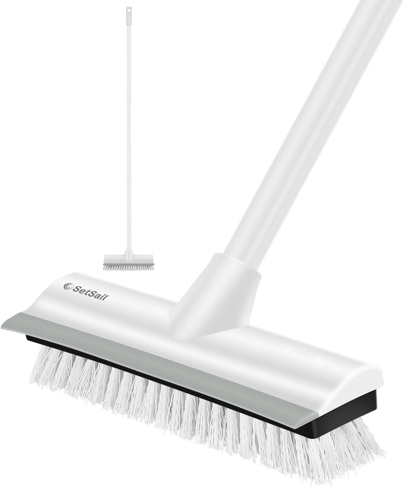 SetSail Floor Scrub Brush with Long Adjustable Handle Heavy-Duty Stiff Bristles Floor Scrubber 2-in-1 Deck Grout Brush for Cleaning Shower Bathroom, Tile, Carpet, Kitchen, Grey-white