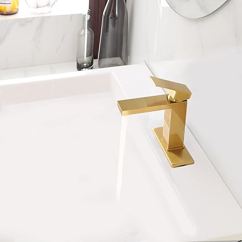 Miniatura 5 de BWE Grifo de baño de oro cepillado con un solo agujero, moderno de una sola manija, grifo de lavabo de latón con montaje de drenaje desplegable y