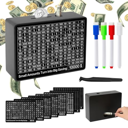 Cash Vault Wooden Savings Box, Piggy Bank for Adults Kids with 8 Saving Targets 500-10000 Challenge Box Money Saving Goals, Black One Piece Coin Cash Saver Storage Case Bank No Install Required