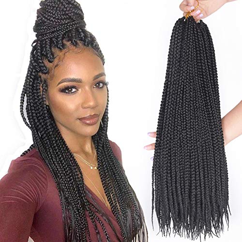 Hand Made Box Braids Crochet Hair Pre Looped Medium Braided Hair Synthetic Black Color Box Brading Hair Extensions 22roots/pack 7Packs Sale (18inch, 1B)