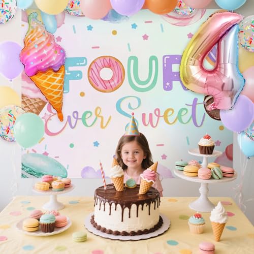 Image of Four Ever Sweet 4th Birthday Decorations for Girl Ice Cream 4 Year Old Birthday Decor Pink Donut Number 4 Balloon Backdrop Party Supplies