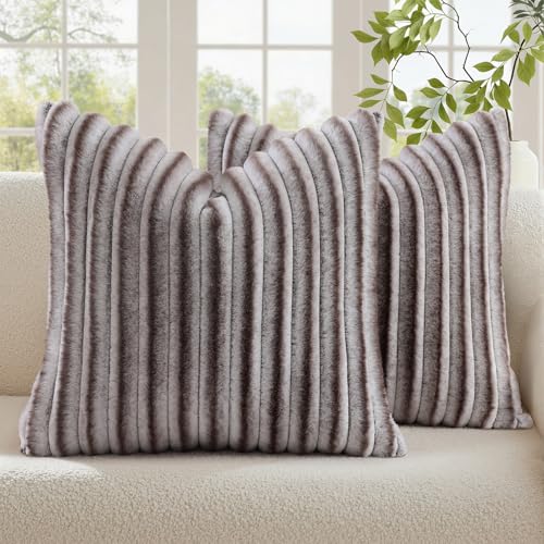Image of decorUhome Fall Cozy Faux Fur Throw Pillow Covers 26x26 Set of 2 Decorative Soft Plush Striped Modern Farmhouse Boho Couch Euro Sham Pillow Cases with Velvet Back for Sofa Bed Living Room, Brown White