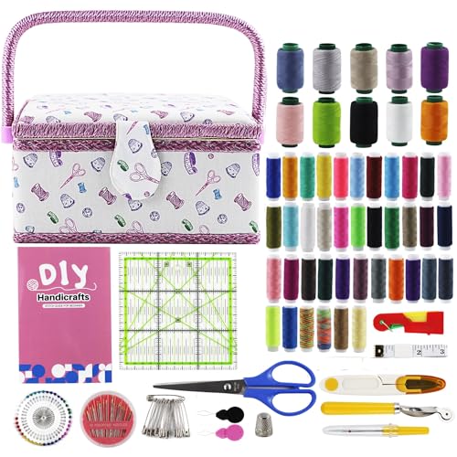SusggO 140 piezas Costurero Completo Accesorios y Guia Basica Puntadas Costura. Costurero Madera forrado Tela Costura Accesorios Kit Costura para Adultos Caja Costura Reglas de Costura Patchwork