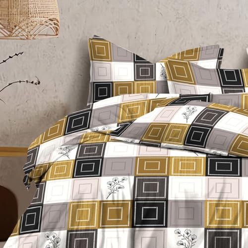 Image of Organza Super Soft Glaze Cotton King Size All Season Double Bed AC Comforter (Mustard Square, Comforter with Bedding Set)