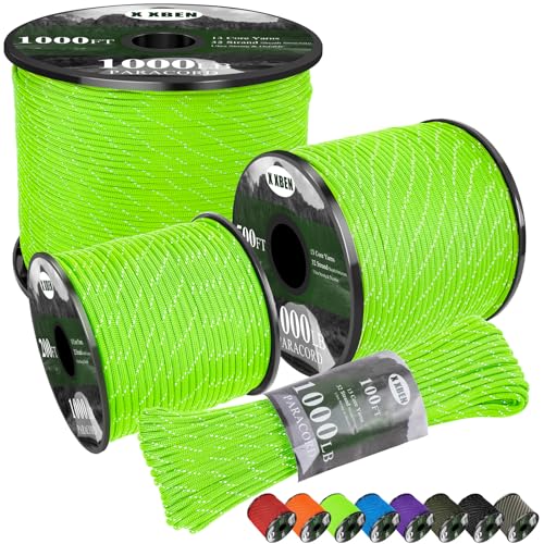 X XBEN Paracord Reflective 1000lb, 50/100/200/500/1000ft 4mm, 13 Strand Parachute Spool Cord, Survival Rope for Camping, Fishing, Hiking, Tent, Clothesline, DIY Crafts & Survival Bracelet, Neon Green
