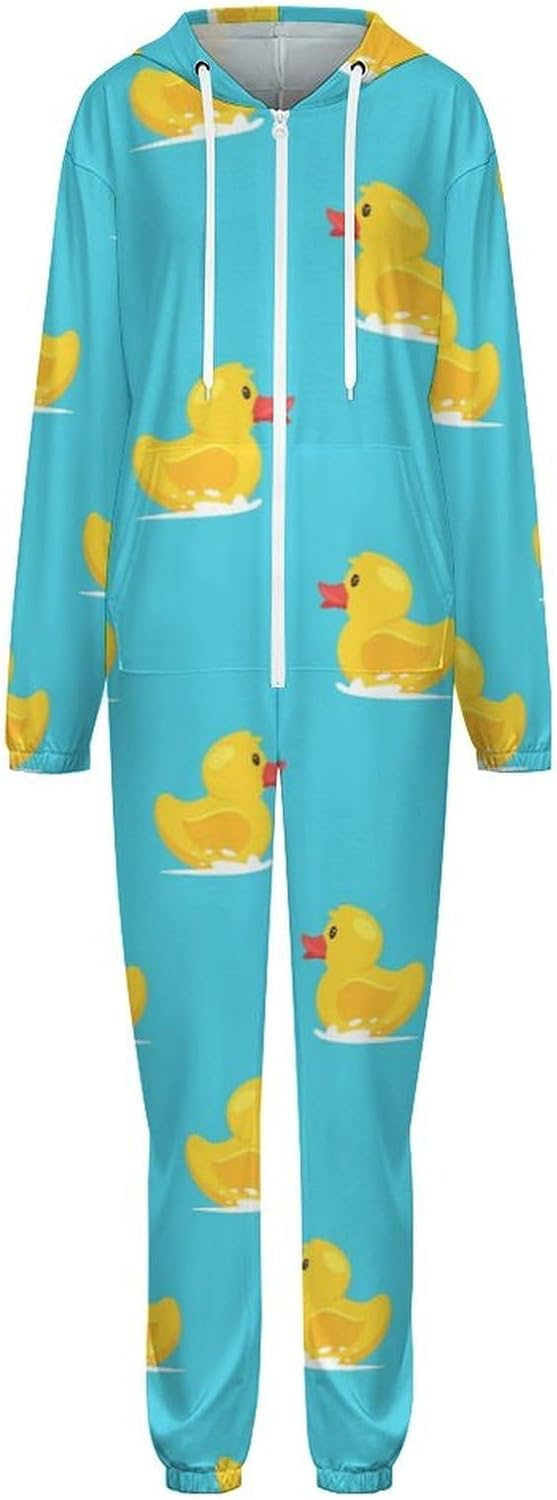 Yellow Rubber Duck Adult Pajamas Onesie with Hood Pocket Jumpsuits One Piece Sleepwear