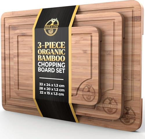 Deer & Oak Schneidebrett Holz Set 3-teiliges Vorgeölt Bambus Schneidebrett mit Griff & Saftrille, Küchenbrett, Schneidebretter Holz, Schneidbrett, Holzbrett Küche
