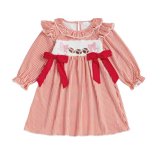 Toddler Girl Football Outfit Football Bow Embroidery Plaid Print Ruffle Collar Long Sleeve Smocked Dress Kids Fall Clothes