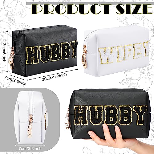 Pinkunn 2 Pcs Wifey Hubby Makeup Bag Bride Patch Cosmetic Bag Mrs Travel Toiletry Purse White Letter PU Leather Waterproof Pouch Wedding Bridal Shower Honeymoon Gift for Women Party Organizer2