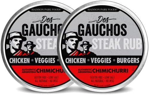 Classic Argentina Chimichurri Steak Seasoning – All Natural Gluten Free Low Salt No Sugar or MSG – Dos Gauchos Steak Rub, Authentic Argentina Food, Chimichurri Sauce, Marinade Mix, Grilling, Smoking, Roasting, Madison Park Foods, 2.75 Ounce Spice Tin (2 Pack)