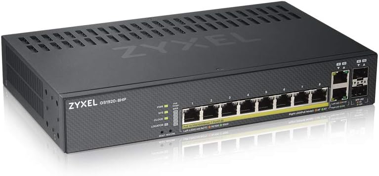Zyxel 8-Port Gigabit Ethernet Smart-Managed PoE+ Switch | 130 Watt Budget | 2x Gigabit Combo Ports | Hybrid Cloud Mode [GS1920-8HPv2]