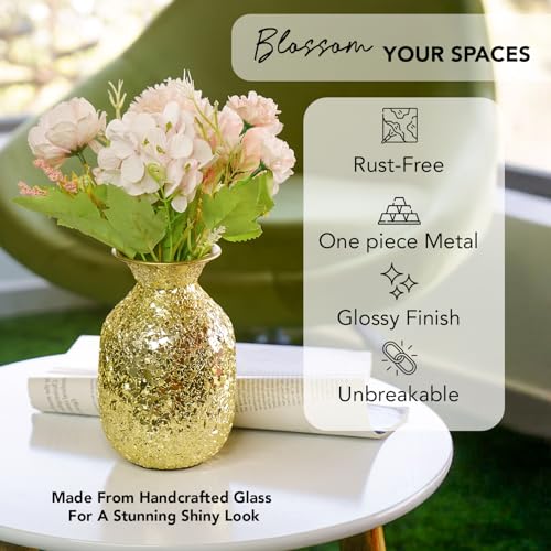 Image of Nostrae by Ekhasa Unbreakable Metallic Gold Flower Vase for Home Decor | Aesthetic Flower Vase Gift for Weddings, Housewarmings | Decorative Metal Mosaic Vase for Living Room, Dining Table, Office